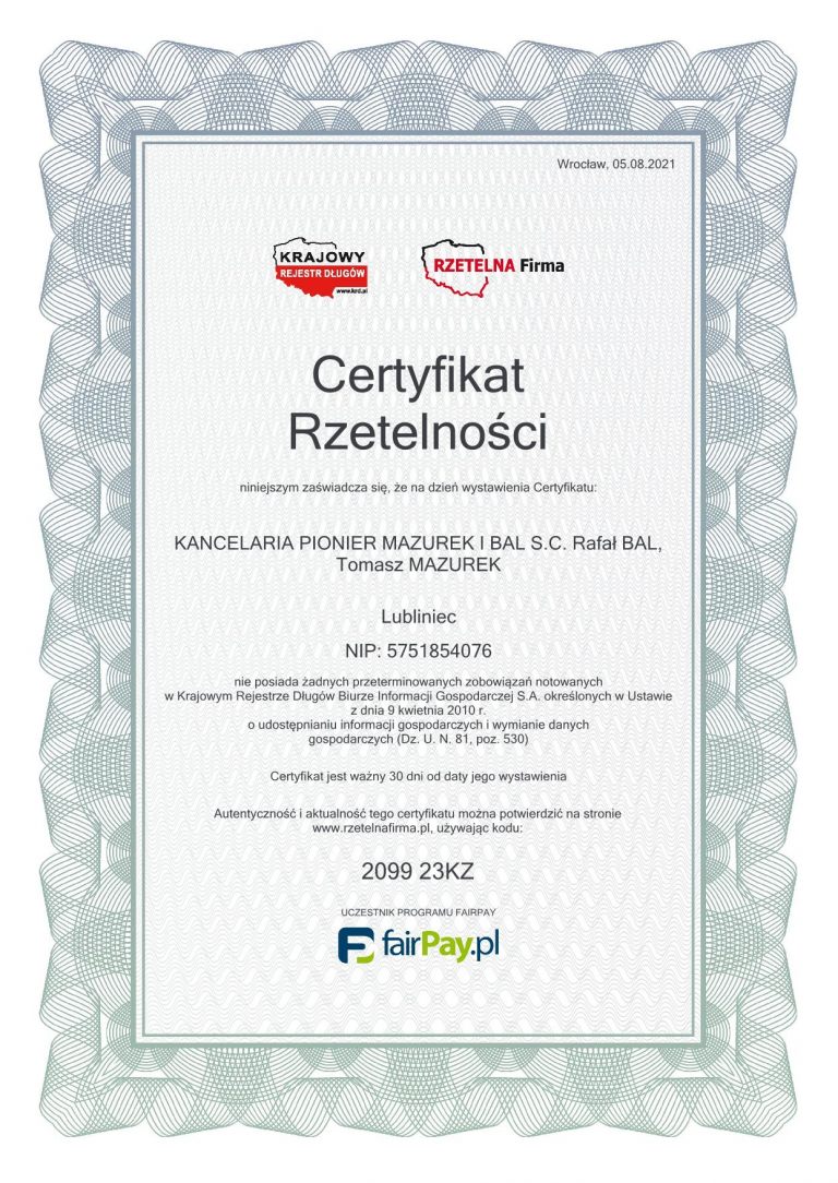 Certyfikat-Rzetelnosci-KANCELARIA-PIONIER-MAZUREK-I-BAL-20210805